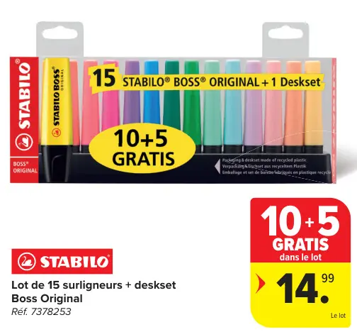 Offre: Lot de 15 surligneurs + deskset Boss Original