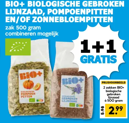 Aanbieding: Biologische gebroken lijnzaad, pompoenpitten en/of zonnebloempitten