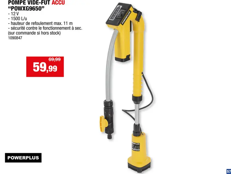 Offre: Powerplus pompe vide-fà»t 12V - incl. 1 batterie et chargeur