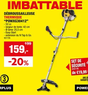 Offre: Powerplus POWXG30412 2-en-1 débroussailleuse/coupe-bordures thermique 52cc