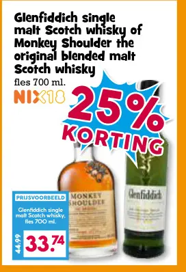 Aanbieding: Glenfiddich single malt Scotch whisky of Monkey shoulder the original blended malt Scotch whisky