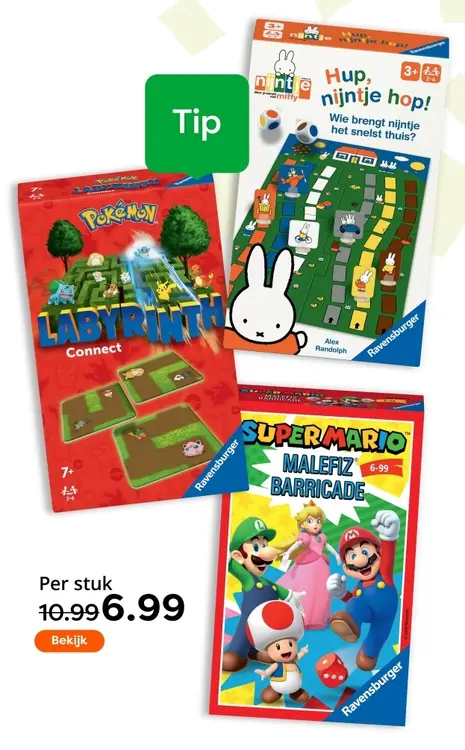 Aanbieding: Pokémon Labyrinth Connect, Hup, Nijntje Hop! en Super Mario