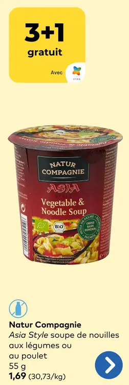 Offre: Natur Compagnie Asia Style soupe de nouilles aux légumes ou au poulet