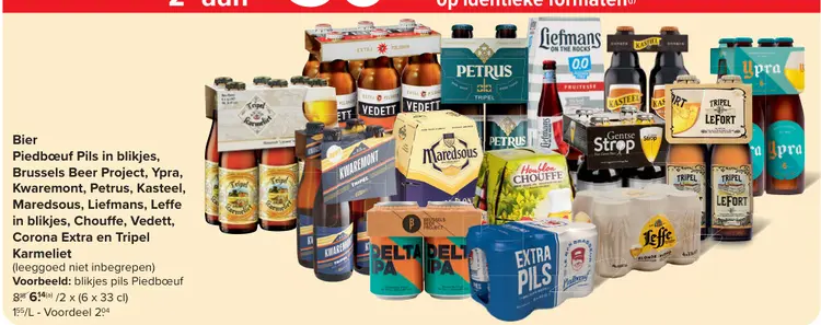 Promotie: Bier Piedbœuf Pils in blikjes, Brussels Beer Project, Ypra, Kwaremont, Petrus, Kasteel, Maredsous, Liefmans, Leffe in blikjes, Chouffe, Vedett, Corona Extra en Tripel Karmeliet