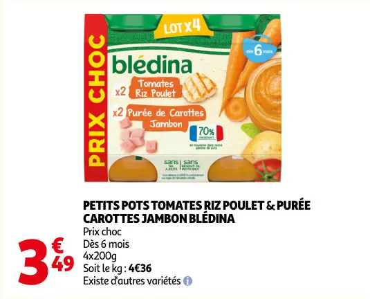 Offre: Petits pots tomates riz poulet & purée carottes jambon blédina