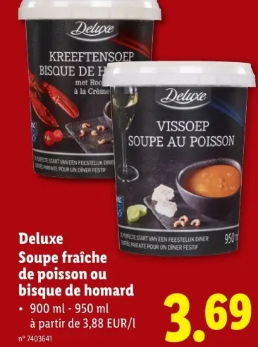 Offre: Soupe fraîche de poisson ou bisque de homard