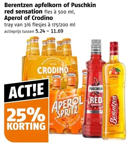 Aanbieding: Berentzen apfelkorn of Puschkin red sensation, Aperol of Crodino