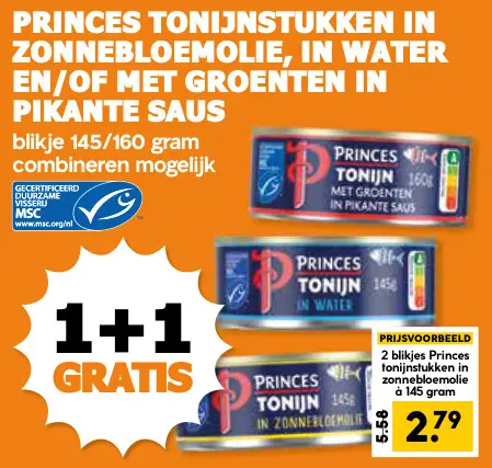 Aanbieding: Tonijnstukken in zonnebloemolie, in water en/of met groenten in pikante saus