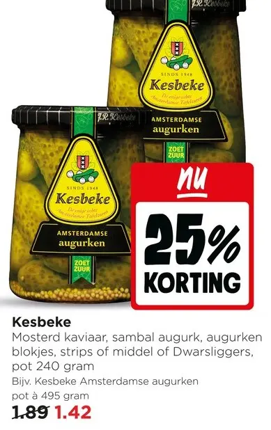 Aanbieding: Kesbeke Mosterd kaviaar, sambal augurk, augurken blokjes, strips of middel of Dwarsliggers pot