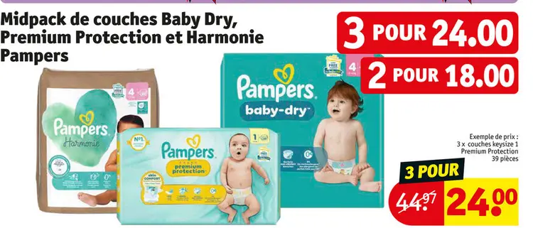 Offre: Midpack de couches Baby Dry, Premium Protection et Harmonie Pampers