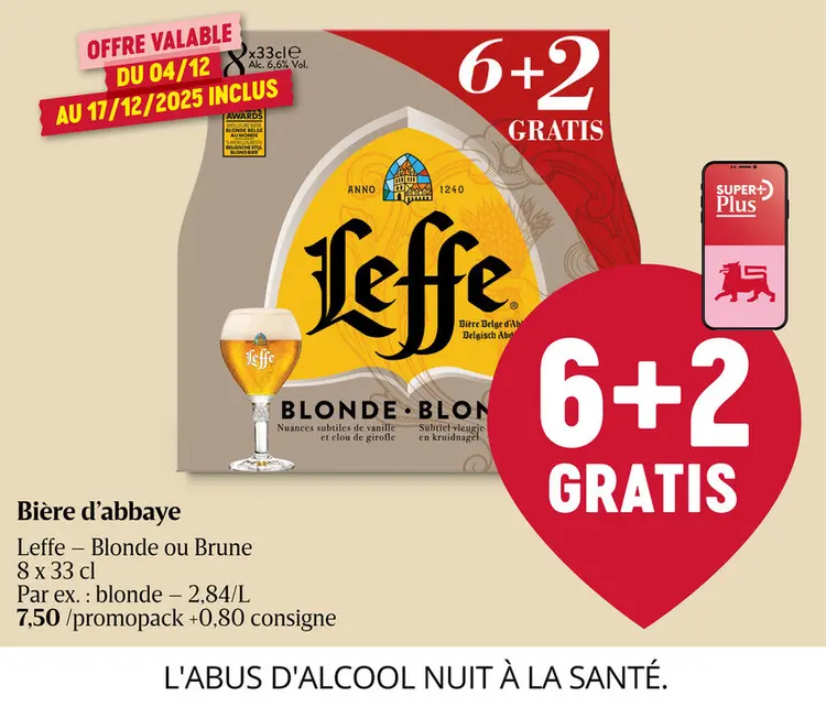 Offre: Bière d'abbaye Leffe - Blonde ou Brune