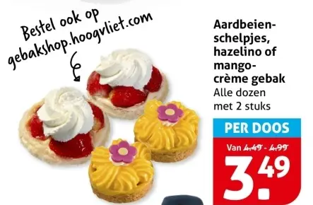 Aanbieding: Aardbeien-schelpjes, hazelino of mango-crème gebak