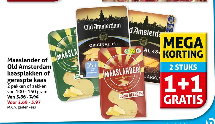 Aanbieding: Maaslander of Old Amsterdam kaasplakken of geraspte kaas 