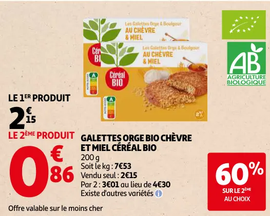 Offre: Galettes orge bio chèvre et miel Céréal BIO