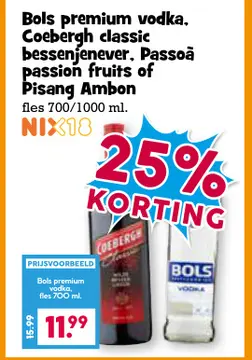Aanbieding: Bols premium vodka, Coebergh classic bessenjenever, Passoa passion fruits of Pisang Ambon