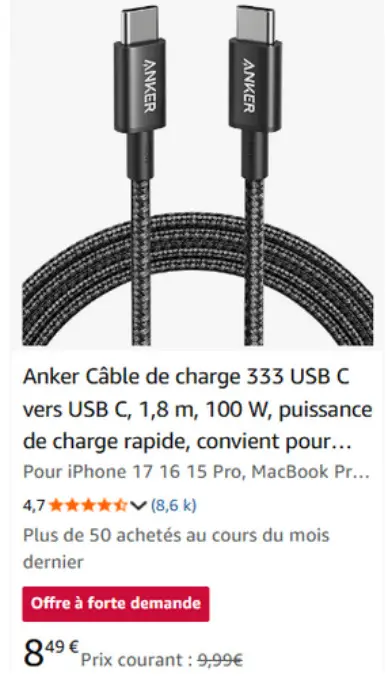 Offre: Câble de charge 333 USB C vers USB C