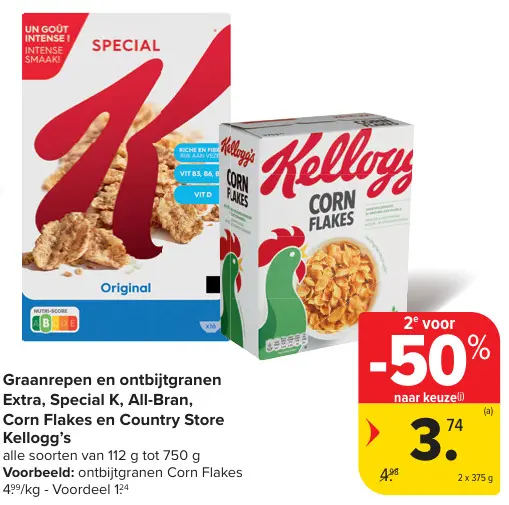 Promotie: Graanrepen en ontbijtgranen Extra, Special K, All-Bran Corn Flakes en Country Store Kellogg's