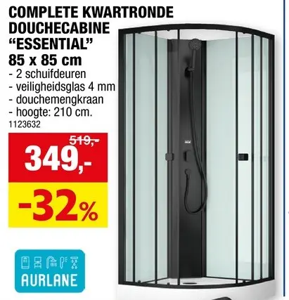 Promotie: Aurlane Essentiel douchecabine kwartrond 85x85x210 cm