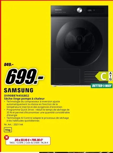 Offre: SAMSUNG DV90BB7445GBS2 Sèche-linge pompe à ch