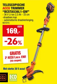 Aanbieding: Black+Decker BCSTA536L1-QW accu trimmer 36V Li-Ion 33cm