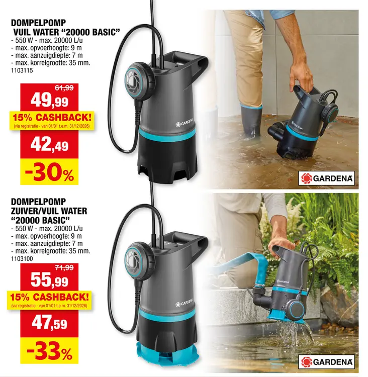 Promotie: Gardena Basic 2000 dompelpomp 550W vuil/zuiver water