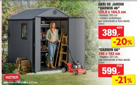 Offre: Keter Darwin 46 abri de jardin en résine 125,8x184,5x205 cm gris