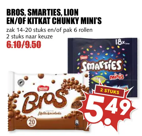Aanbieding: Bros, Smarties, Lion en/of KitKat chunky mini's