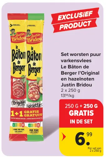Promotie: Set worsten puur varkensvlees Le Bâton de Berger l'Original en hazelnoten Justin Bridou