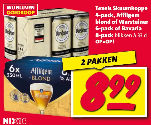 Aanbieding: Texels Skuumkoppe, Affligem blond or Warsteiner 6-pack of Bavaria 8-pack