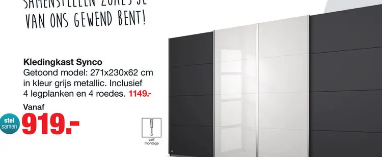 Aanbieding: Kledingkast Synco B271xH230cm Grijs metallic incl. 4 legplanken en 4 roedes