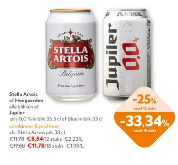 Aanbieding: Stella Artois of Hoegaarden alle blikken of Jupiler