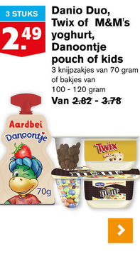 Aanbieding: Danio Duo, Twix of M&M's yoghurt, Danoontje pouch of kids