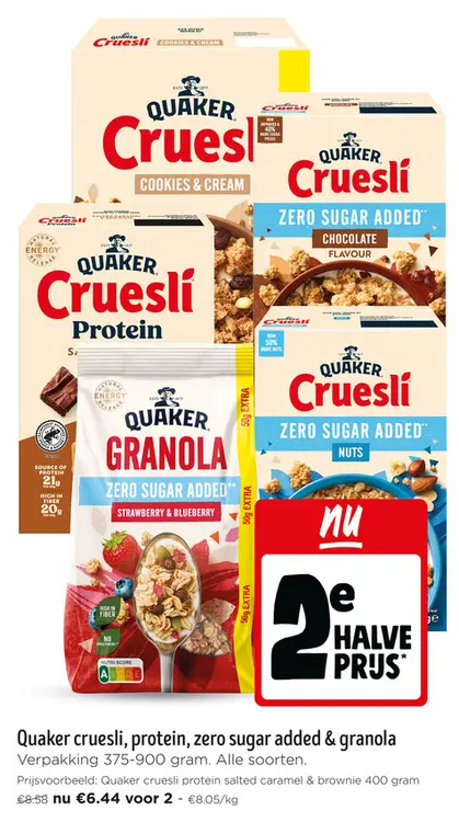 Promotie: Quaker cruesli, protein, zero sugar added & granola