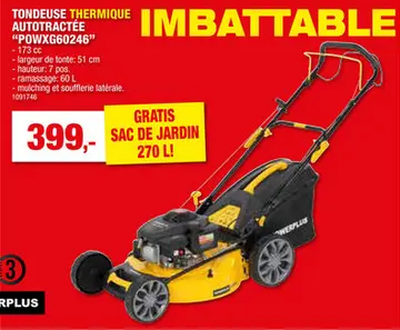 Offre: Powerplus POWXG60246 tondeuse thermique autotractée 173cc 51cm