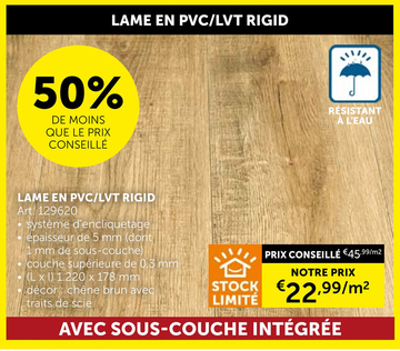 Offre: Sol En Pvc Avec Sous-plancher Intégré Chêne Marron 1220 X 178 X 5 Mm