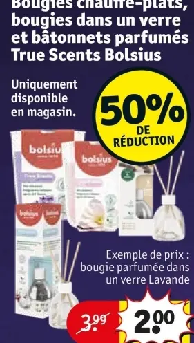Offre: Bougies chauffe-plats, bougies dans un un verre et bâtonnets parfumés True Scents Bolsius