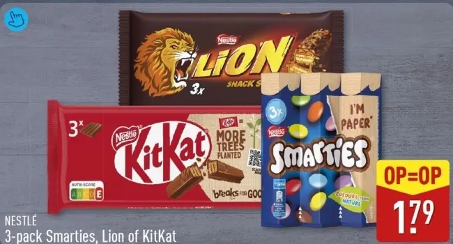 Aanbieding: 3-pack Smarties, Lion of KitKat