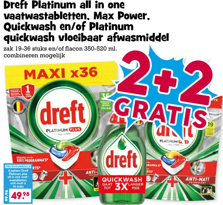 Aanbieding: Dreft Platinum all in one vaatwastabletten, Max Power, Quickwash en/of Platinum quickwash vloeibaar afwasmiddel