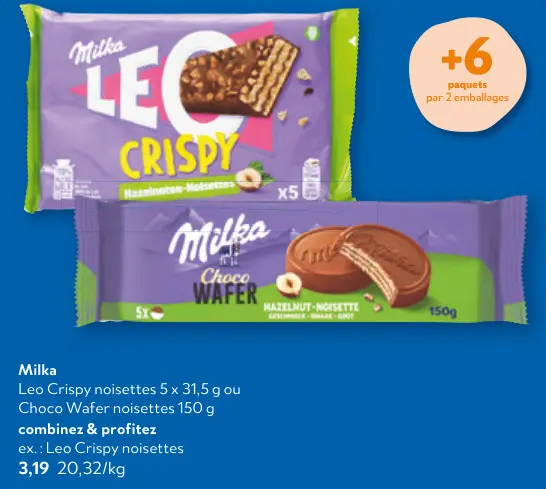 Offre: Milka Leo Crispy noisettes ou Choco Wafer noisettes