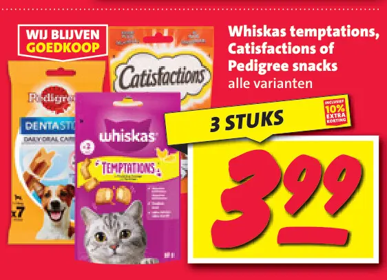 Aanbieding: Whiskas temptations, Catisfactions of Pedigree snacks