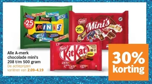 Aanbieding: Alle A-merk chocolade mini's 208 t/m 500 gram