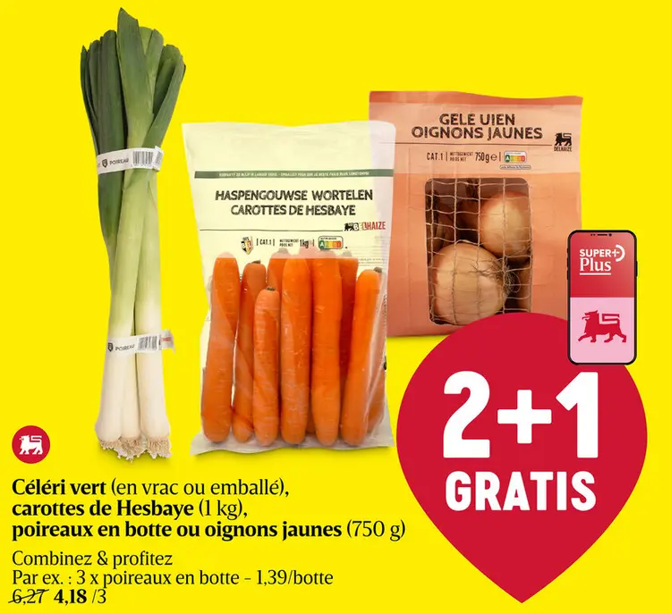 Offre: Céléri vert, carottes de Hesbaye, poireaux en botte ou oignons jaunes