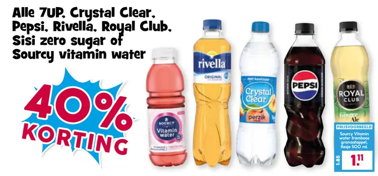 Aanbieding: Alle 7UP, Crystal Clear, Pepsi, Rivella, Royal Club, Sisi zero sugar of Sourcy vitamin water