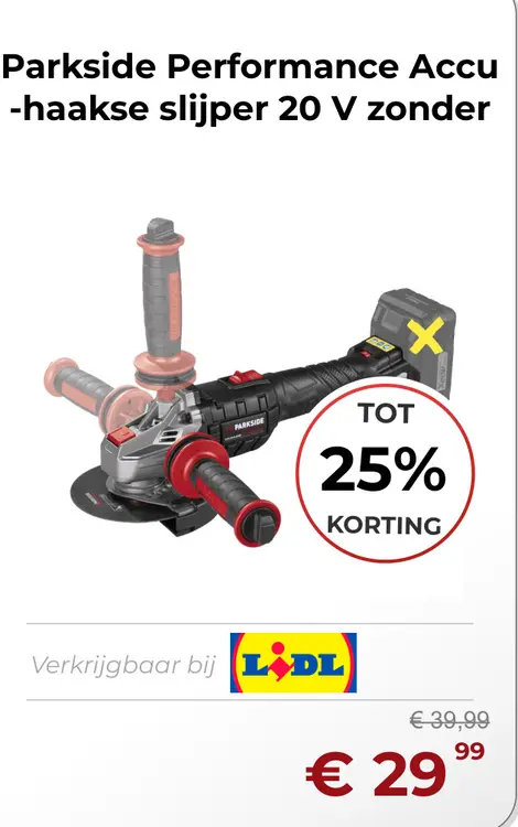 Aanbieding: Performance Accu -haakse slijper 20 V