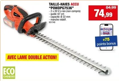 Offre: Powerplus Dual Power POWDPG7536 taille-haie sans fil 2x20 V 67cm batterie non comprise