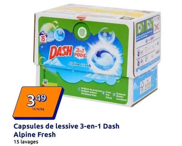 Offre: Capsules de lessive 3-en-1 Dash Alpine Fresh