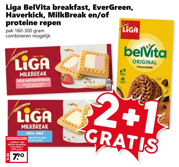 Aanbieding: Liga BelVita breakfast, EverGreen, Haverkick, MilkBreak en/of proteïne repen