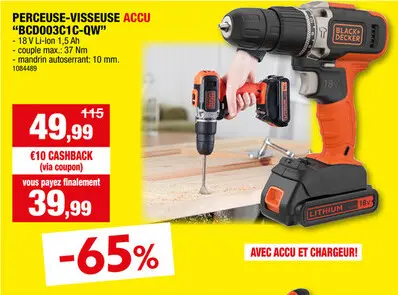 Offre: Black+Decker BCD003C1C-QW perceuse-visseuse à  percussion sans fil 18V Li-Ion + chargeur