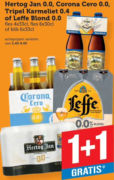 Aanbieding: 0.0, Corona Cero 0.0, Tripel Karmeliet 0.4 of Leffe Blond 0.0