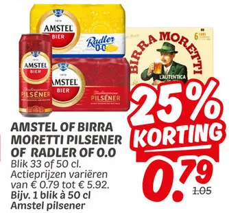 Aanbieding: AMSTEL OF BIRRA MORETTI PILSENER OF RADLER OF 0.0
